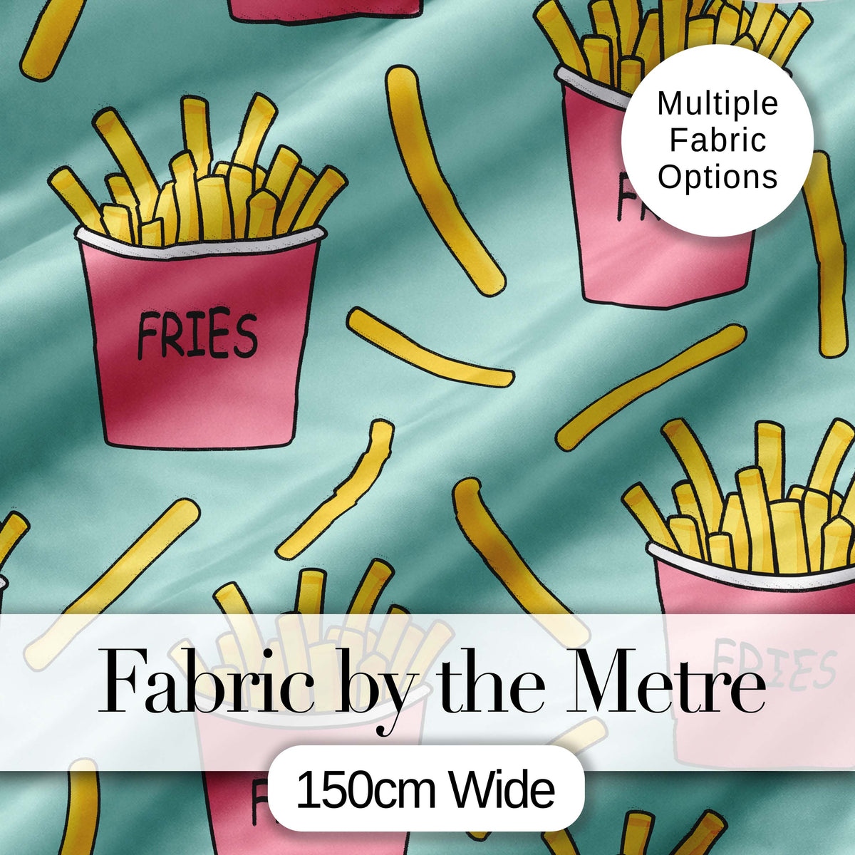 Cute French Fries Cartoon Snack Seamless Pattern Pink Cups Mint Background Digital Print Fabric by the Metre UK Sewing Quilting Textile