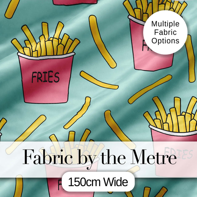 Cute French Fries Cartoon Snack Seamless Pattern Pink Cups Mint Background Digital Print Fabric by the Metre UK Sewing Quilting Textile