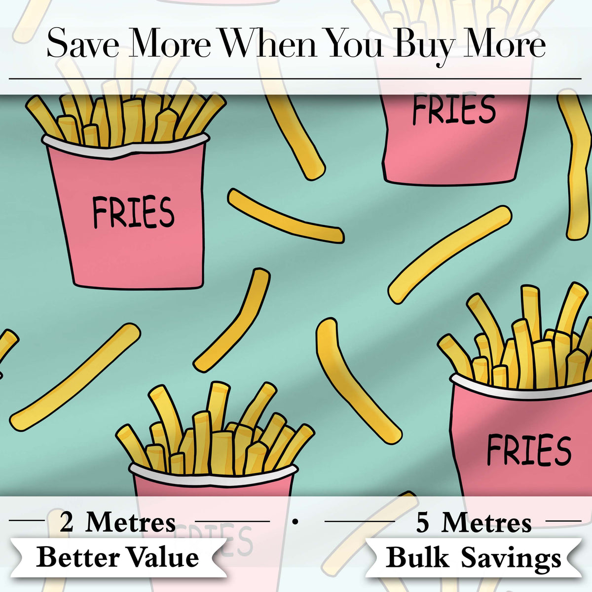 Cute French Fries Cartoon Snack Seamless Pattern Pink Cups Mint Background Digital Print Fabric by the Metre UK Sewing Quilting Textile