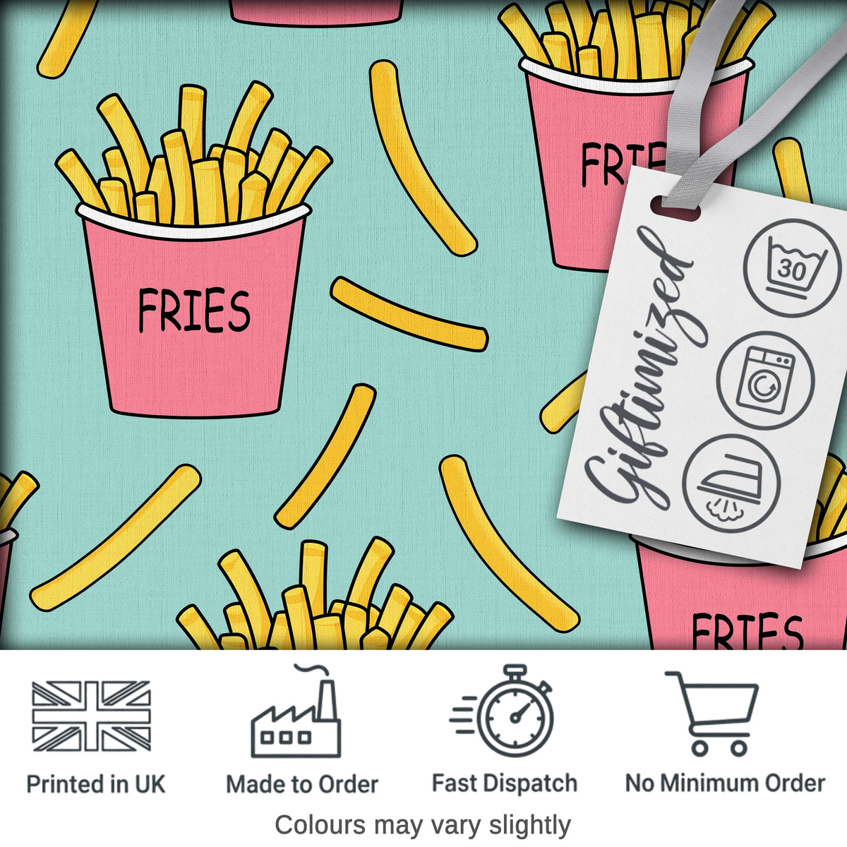 Cute French Fries Cartoon Snack Seamless Pattern Pink Cups Mint Background Digital Print Fabric by the Metre UK Sewing Quilting Textile