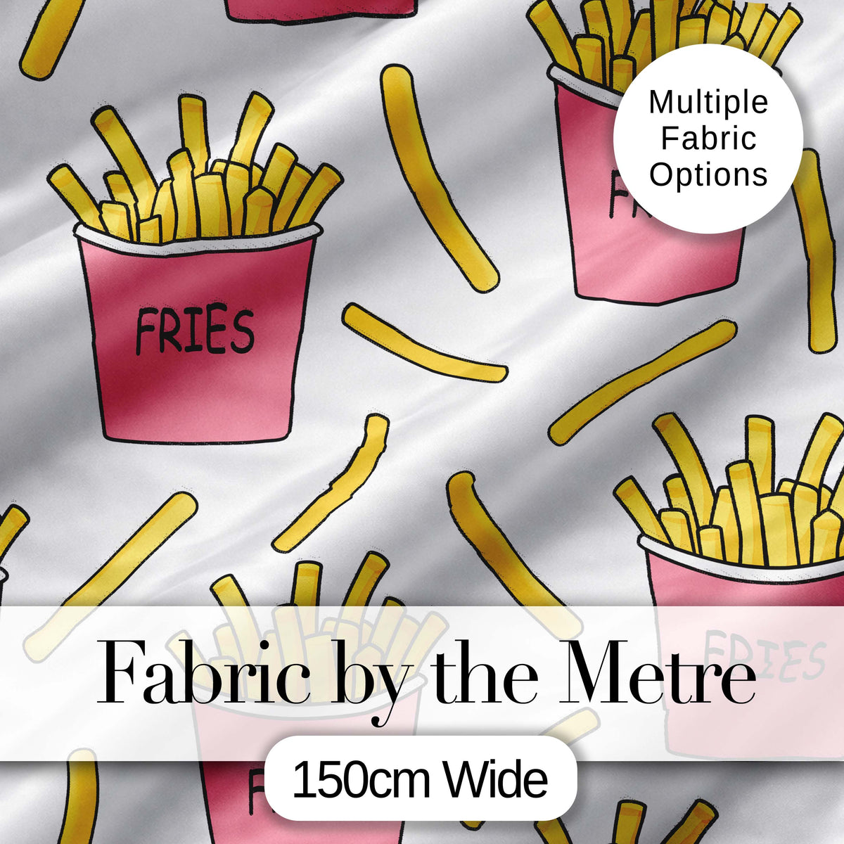 Cute French Fries Cartoon Snack Seamless Pattern Pink Cups Grey Background Digital Print Fabric by the Metre UK Sewing Quilting Textile