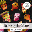 Cute Kawaii Fast Food Pizza Chicken Soda Black Background Seamless Pattern Digital Print Fabric by the Metre UK Sewing Quilting Textile