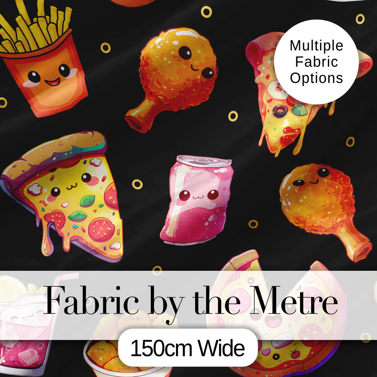 Cute Kawaii Fast Food Pizza Chicken Soda Black Background Seamless Pattern Digital Print Fabric by the Metre UK Sewing Quilting Textile