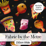 Cute Kawaii Fast Food Pizza Chicken Soda Black Background Seamless Pattern Digital Print Fabric by the Metre UK Sewing Quilting Textile