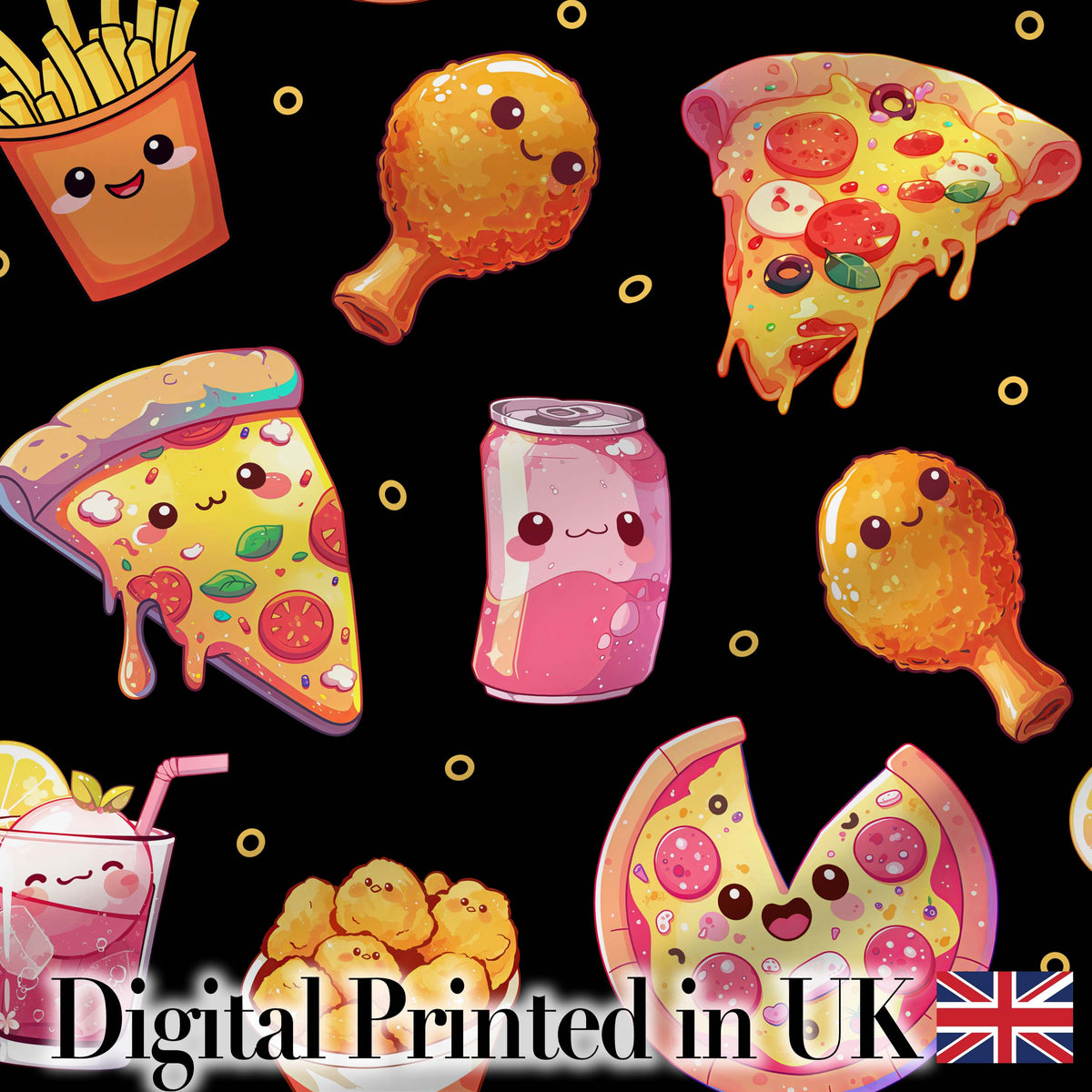 Cute Kawaii Fast Food Pizza Chicken Soda Black Background Seamless Pattern Digital Print Fabric by the Metre UK Sewing Quilting Textile