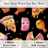 Cute Kawaii Fast Food Pizza Chicken Soda Black Background Seamless Pattern Digital Print Fabric by the Metre UK Sewing Quilting Textile
