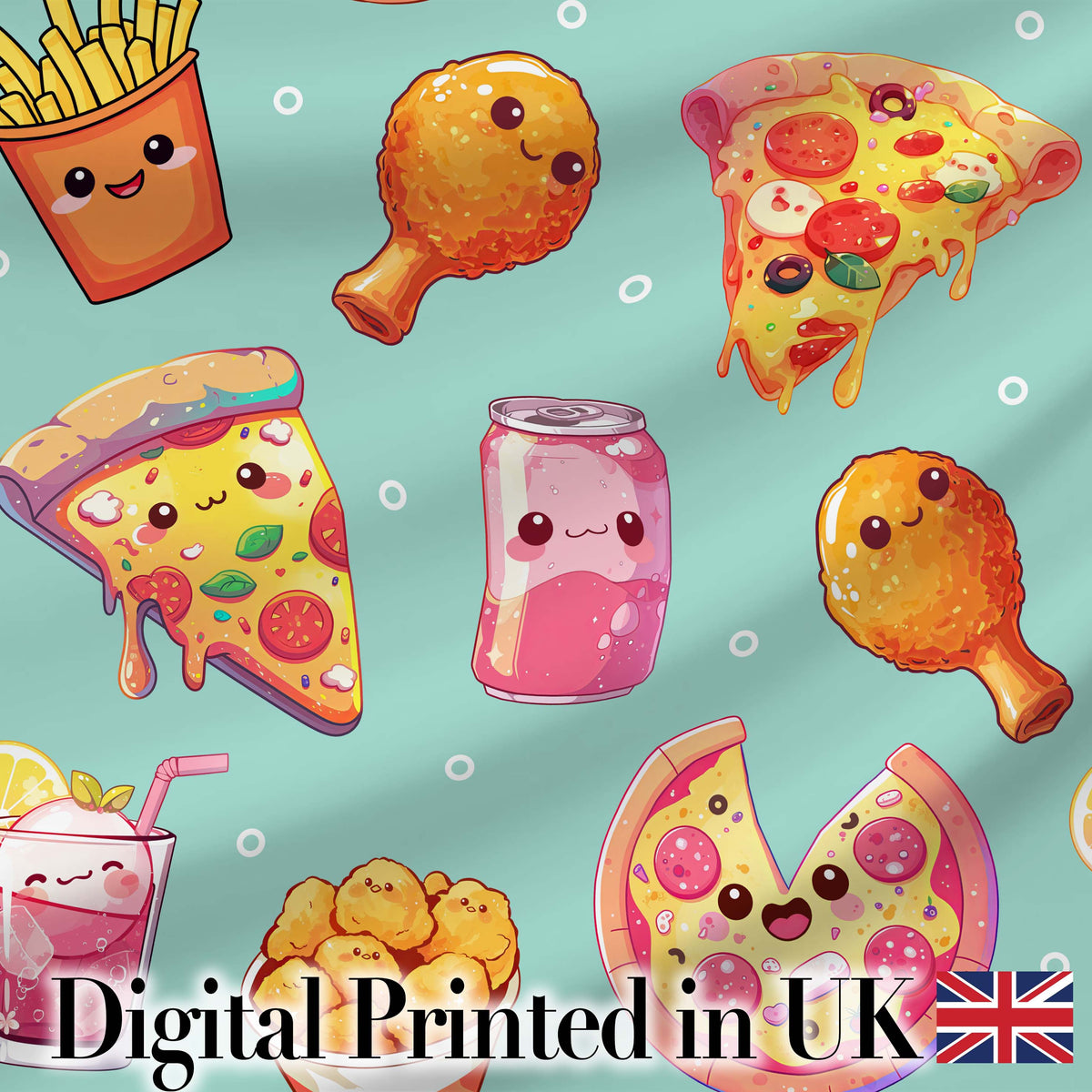 Cute Kawaii Fast Food Pizza Chicken Soda Mint Background Seamless Pattern Digital Print Fabric by the Metre UK Sewing Quilting Textile