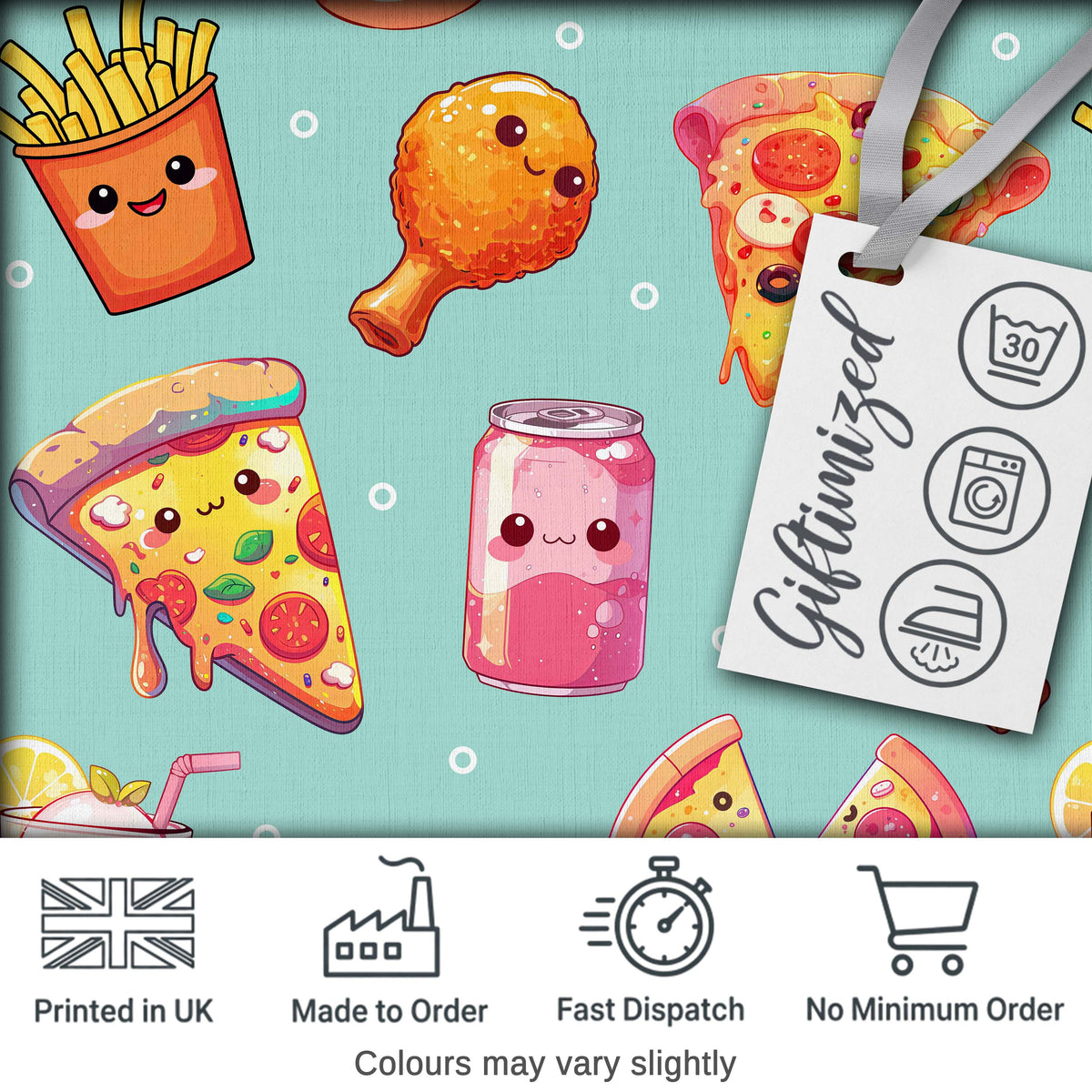 Cute Kawaii Fast Food Pizza Chicken Soda Mint Background Seamless Pattern Digital Print Fabric by the Metre UK Sewing Quilting Textile