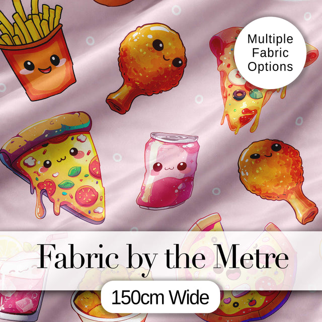 Cute Kawaii Fast Food Pizza Chicken Soda Blush Pink Background Seamless Pattern Digital Print Fabric by the Metre UK Sewing Quilting Textile