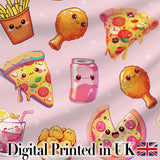 Cute Kawaii Fast Food Pizza Chicken Soda Blush Pink Background Seamless Pattern Digital Print Fabric by the Metre UK Sewing Quilting Textile