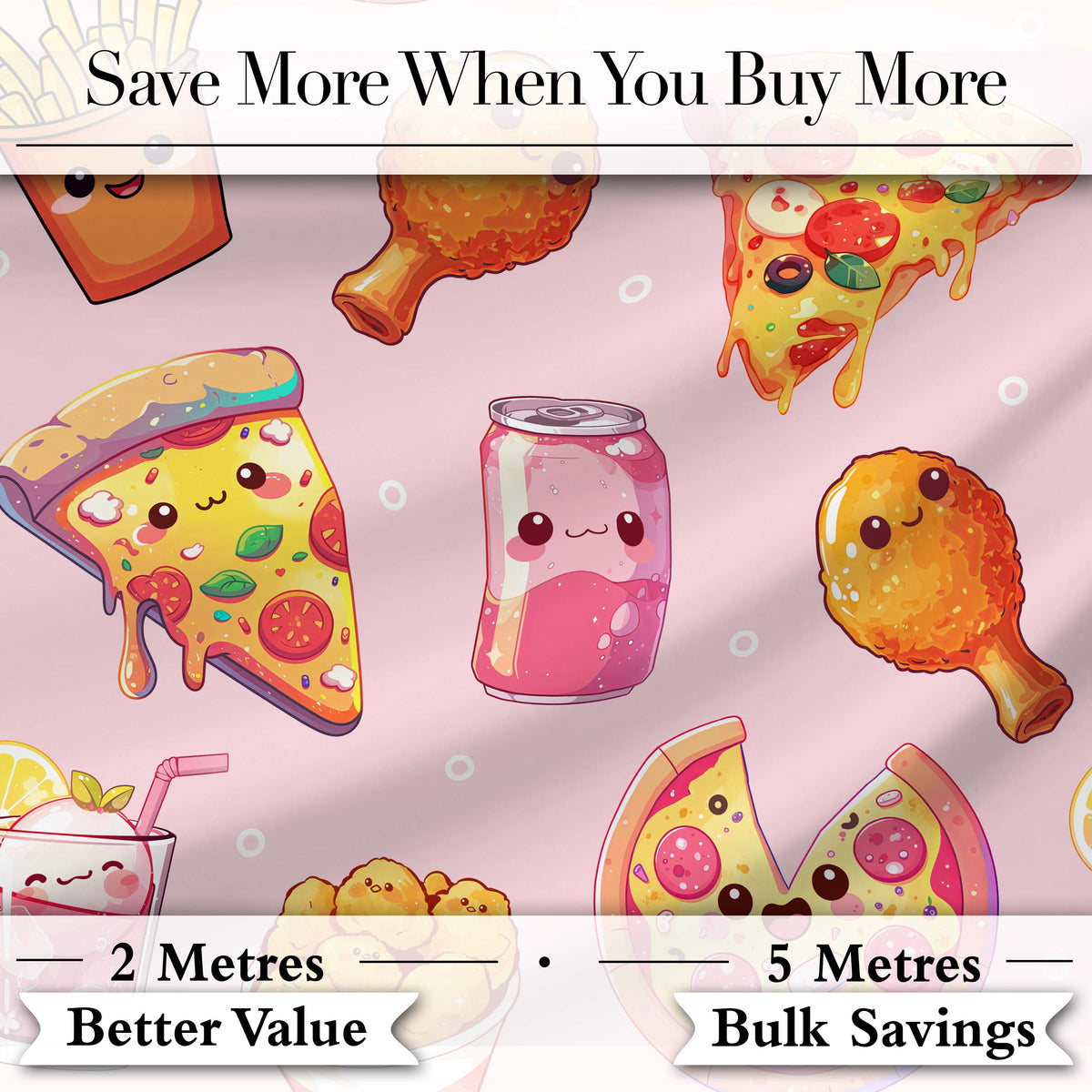 Cute Kawaii Fast Food Pizza Chicken Soda Blush Pink Background Seamless Pattern Digital Print Fabric by the Metre UK Sewing Quilting Textile