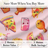 Cute Kawaii Fast Food Pizza Chicken Soda Blush Pink Background Seamless Pattern Digital Print Fabric by the Metre UK Sewing Quilting Textile