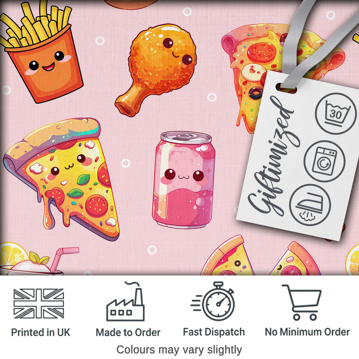 Cute Kawaii Fast Food Pizza Chicken Soda Blush Pink Background Seamless Pattern Digital Print Fabric by the Metre UK Sewing Quilting Textile