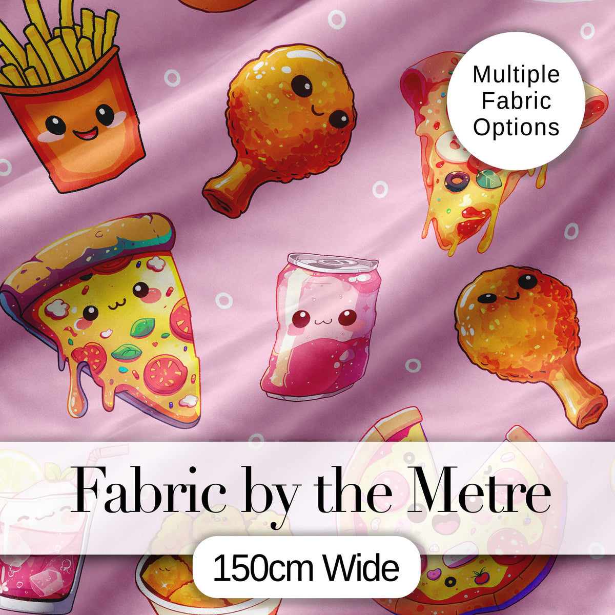 Kawaii Fast Food Pizza Chicken Soda Pastel Pink  Seamless Pattern Digital Print Fabric by the Metre UK Sewing Quilting Textile