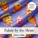Cute Kawaii Fast Food Pizza Chicken Soda Purple Background Seamless Pattern Digital Print Fabric by the Metre UK Sewing Quilting Textile