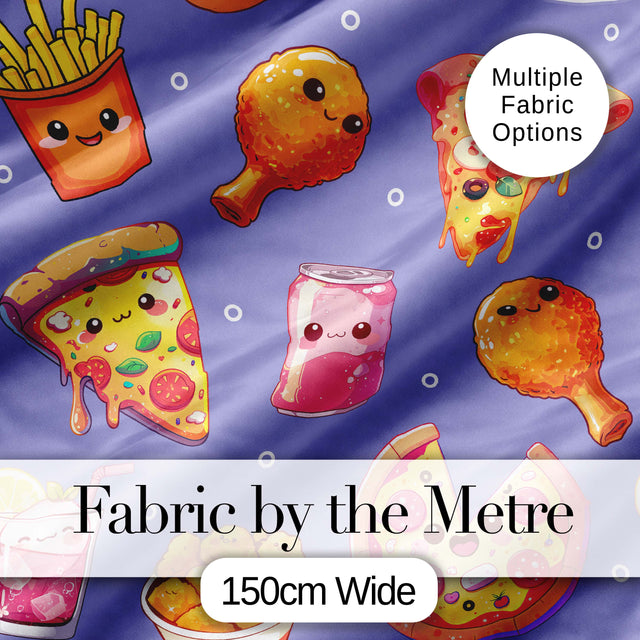 Cute Kawaii Fast Food Pizza Chicken Soda Purple Background Seamless Pattern Digital Print Fabric by the Metre UK Sewing Quilting Textile