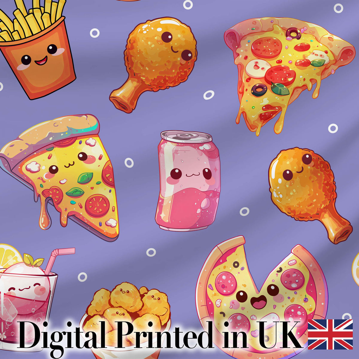 Cute Kawaii Fast Food Pizza Chicken Soda Purple Background Seamless Pattern Digital Print Fabric by the Metre UK Sewing Quilting Textile