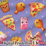 Cute Kawaii Fast Food Pizza Chicken Soda Purple Background Seamless Pattern Digital Print Fabric by the Metre UK Sewing Quilting Textile