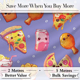 Cute Kawaii Fast Food Pizza Chicken Soda Purple Background Seamless Pattern Digital Print Fabric by the Metre UK Sewing Quilting Textile
