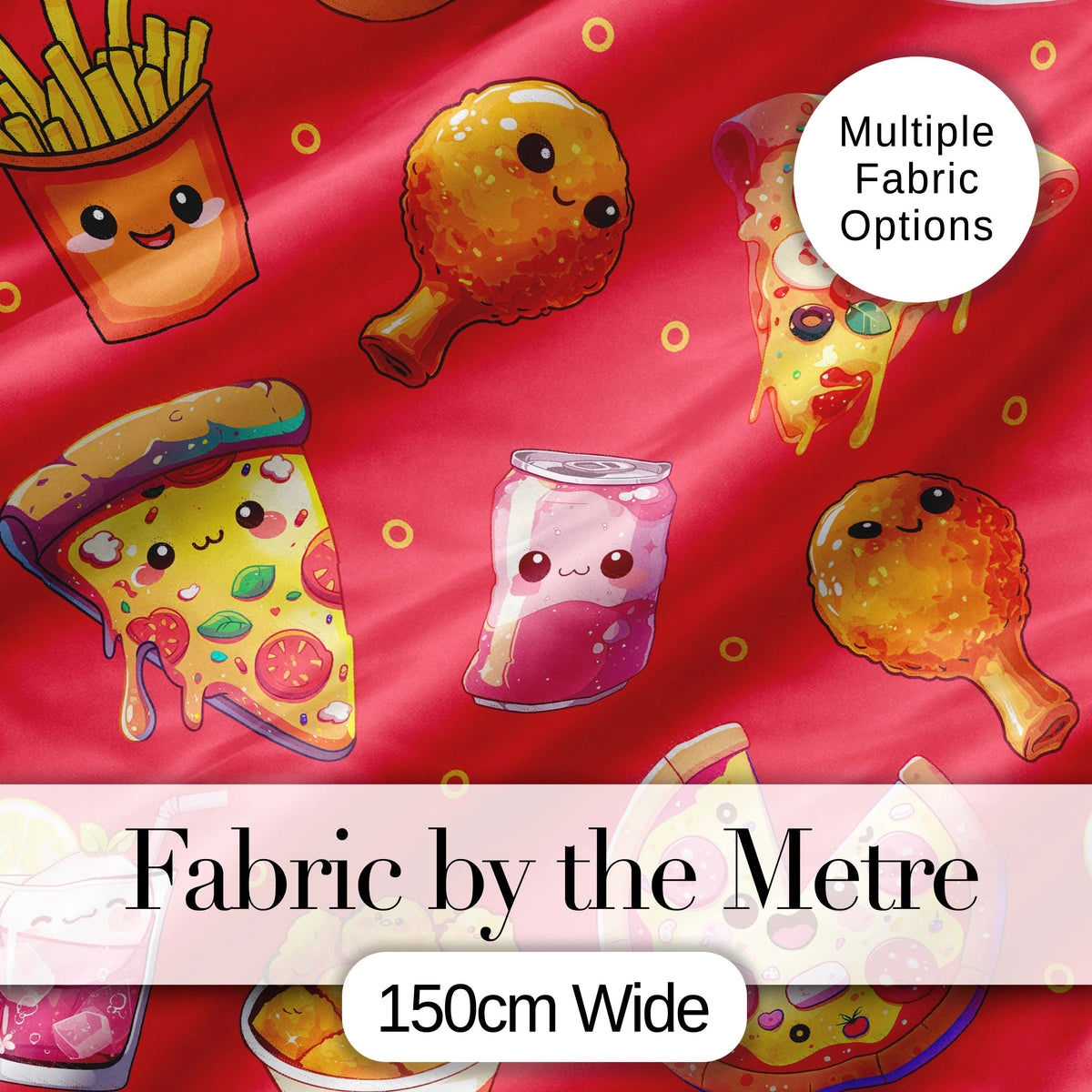 Cute Kawaii Fast Food Pizza Chicken Soda Red Background Seamless Pattern Digital Print Fabric by the Metre UK Sewing Quilting Textile