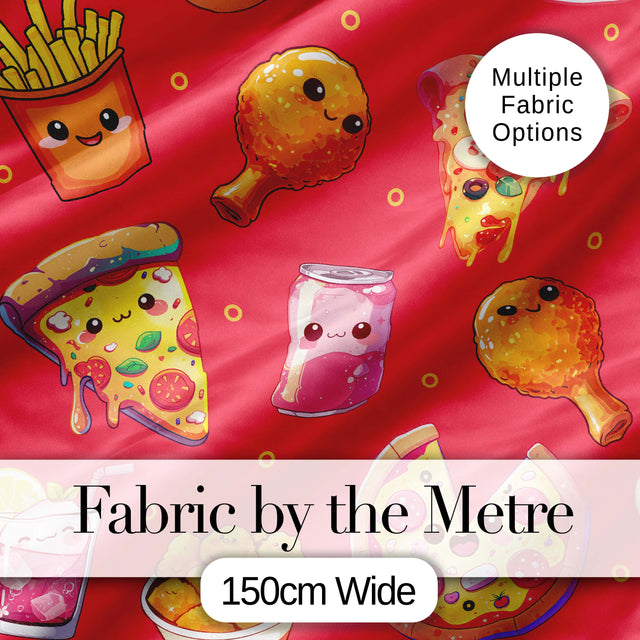 Cute Kawaii Fast Food Pizza Chicken Soda Red Background Seamless Pattern Digital Print Fabric by the Metre UK Sewing Quilting Textile