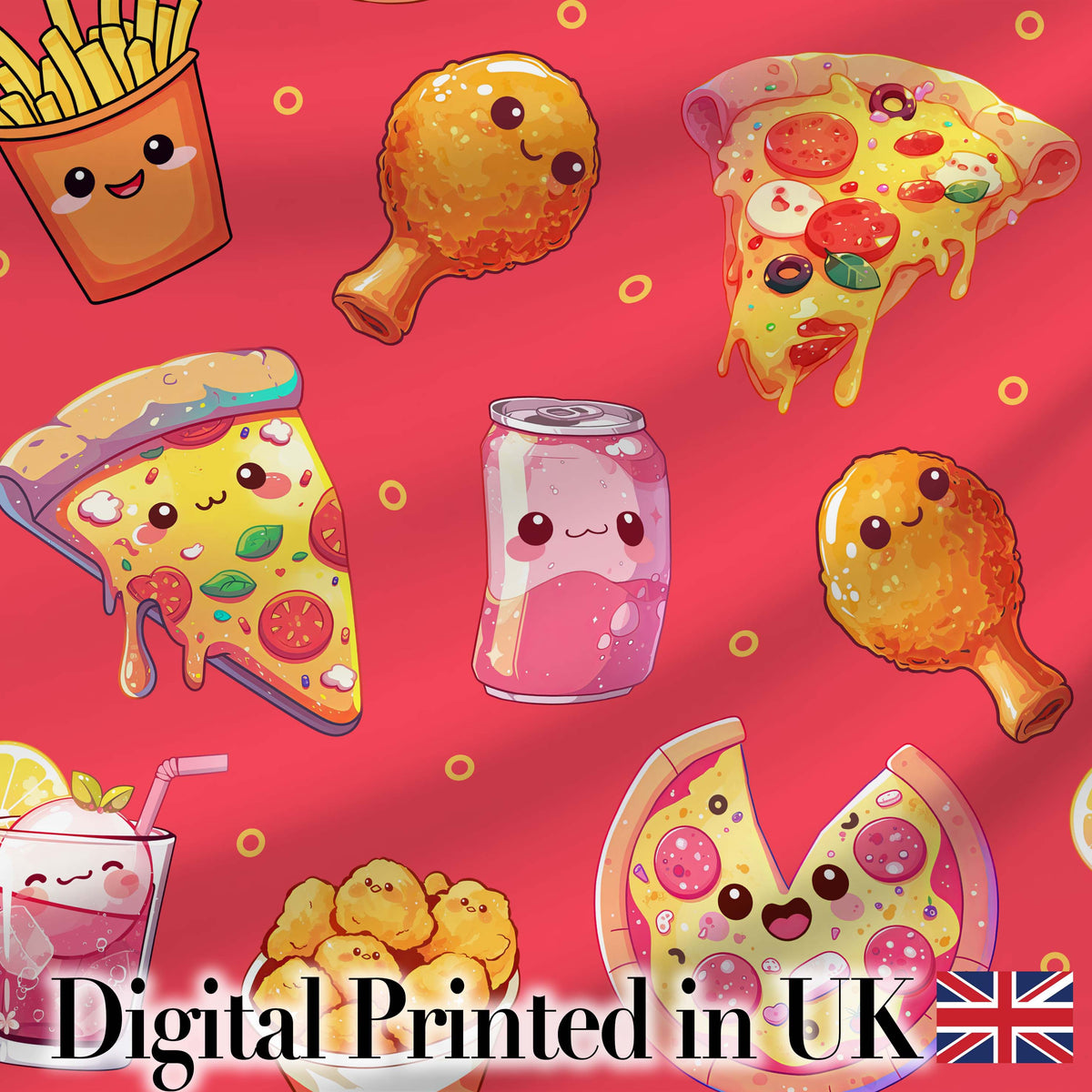 Cute Kawaii Fast Food Pizza Chicken Soda Red Background Seamless Pattern Digital Print Fabric by the Metre UK Sewing Quilting Textile