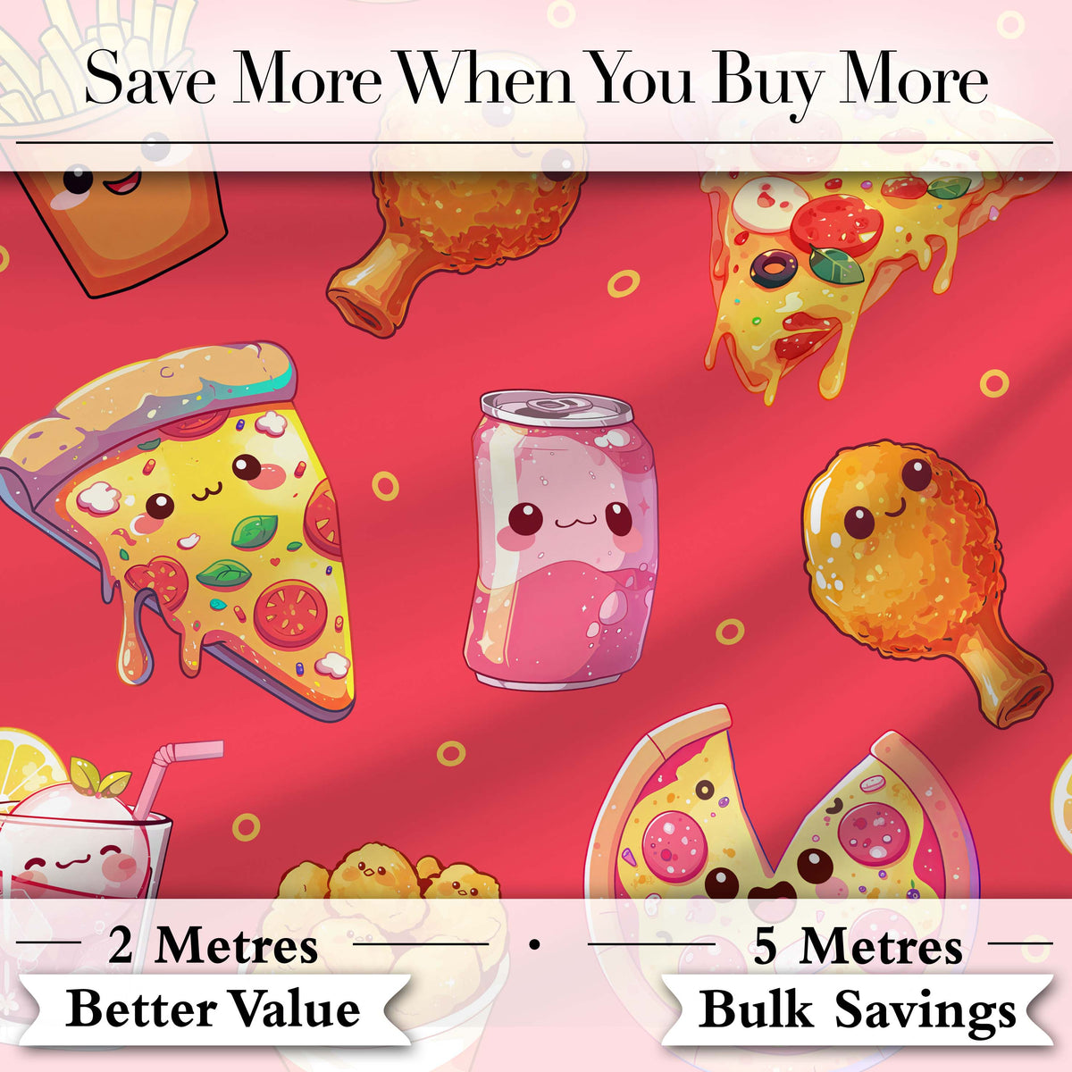 Cute Kawaii Fast Food Pizza Chicken Soda Red Background Seamless Pattern Digital Print Fabric by the Metre UK Sewing Quilting Textile
