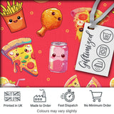 Cute Kawaii Fast Food Pizza Chicken Soda Red Background Seamless Pattern Digital Print Fabric by the Metre UK Sewing Quilting Textile