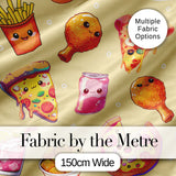 Cute Kawaii Fast Food Pizza Chicken Soda Yellow Background Seamless Pattern Digital Print Fabric by the Metre UK Sewing Quilting Textile