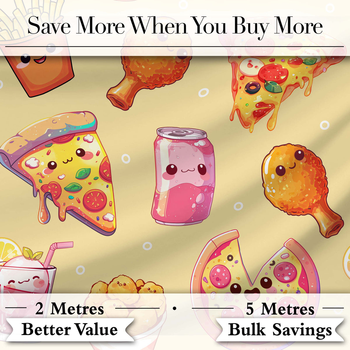 Cute Kawaii Fast Food Pizza Chicken Soda Yellow Background Seamless Pattern Digital Print Fabric by the Metre UK Sewing Quilting Textile