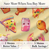 Cute Kawaii Fast Food Pizza Chicken Soda Yellow Background Seamless Pattern Digital Print Fabric by the Metre UK Sewing Quilting Textile