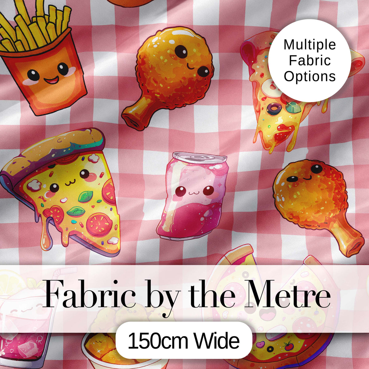 Cute Kawaii Fast Food Pizza Chicken Soda Red Gingham Background Seamless Pattern Digital Print Fabric by the Metre UK