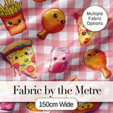 Cute Kawaii Fast Food Pizza Chicken Soda Red Gingham Background Seamless Pattern Digital Print Fabric by the Metre UK
