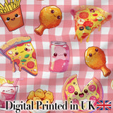 Cute Kawaii Fast Food Pizza Chicken Soda Red Gingham Background Seamless Pattern Digital Print Fabric by the Metre UK