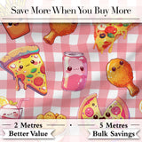 Cute Kawaii Fast Food Pizza Chicken Soda Red Gingham Background Seamless Pattern Digital Print Fabric by the Metre UK