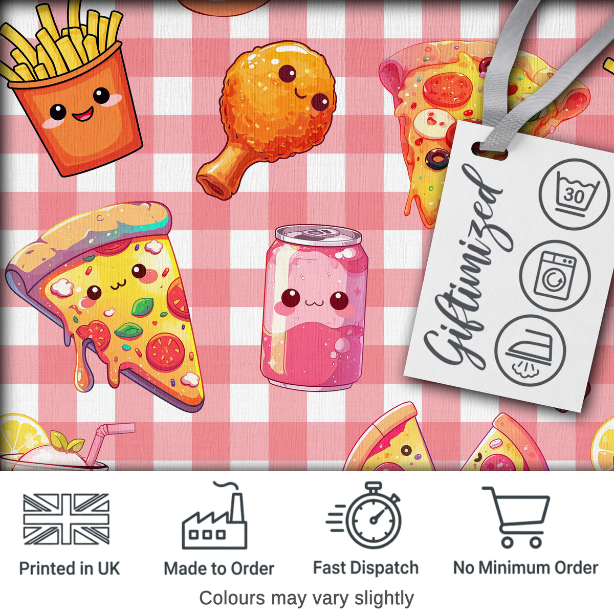 Cute Kawaii Fast Food Pizza Chicken Soda Red Gingham Background Seamless Pattern Digital Print Fabric by the Metre UK