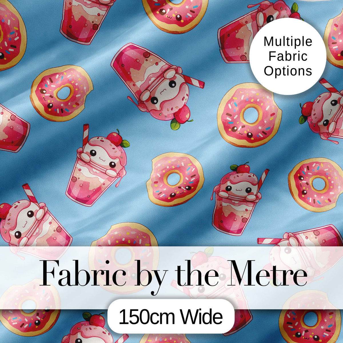 Cute Kawaii Donuts and Strawberry Milkshake Blue Background Seamless Pattern Digital Print Fabric by the Metre UK Sewing