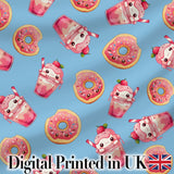 Cute Kawaii Donuts and Strawberry Milkshake Blue Background Seamless Pattern Digital Print Fabric by the Metre UK Sewing