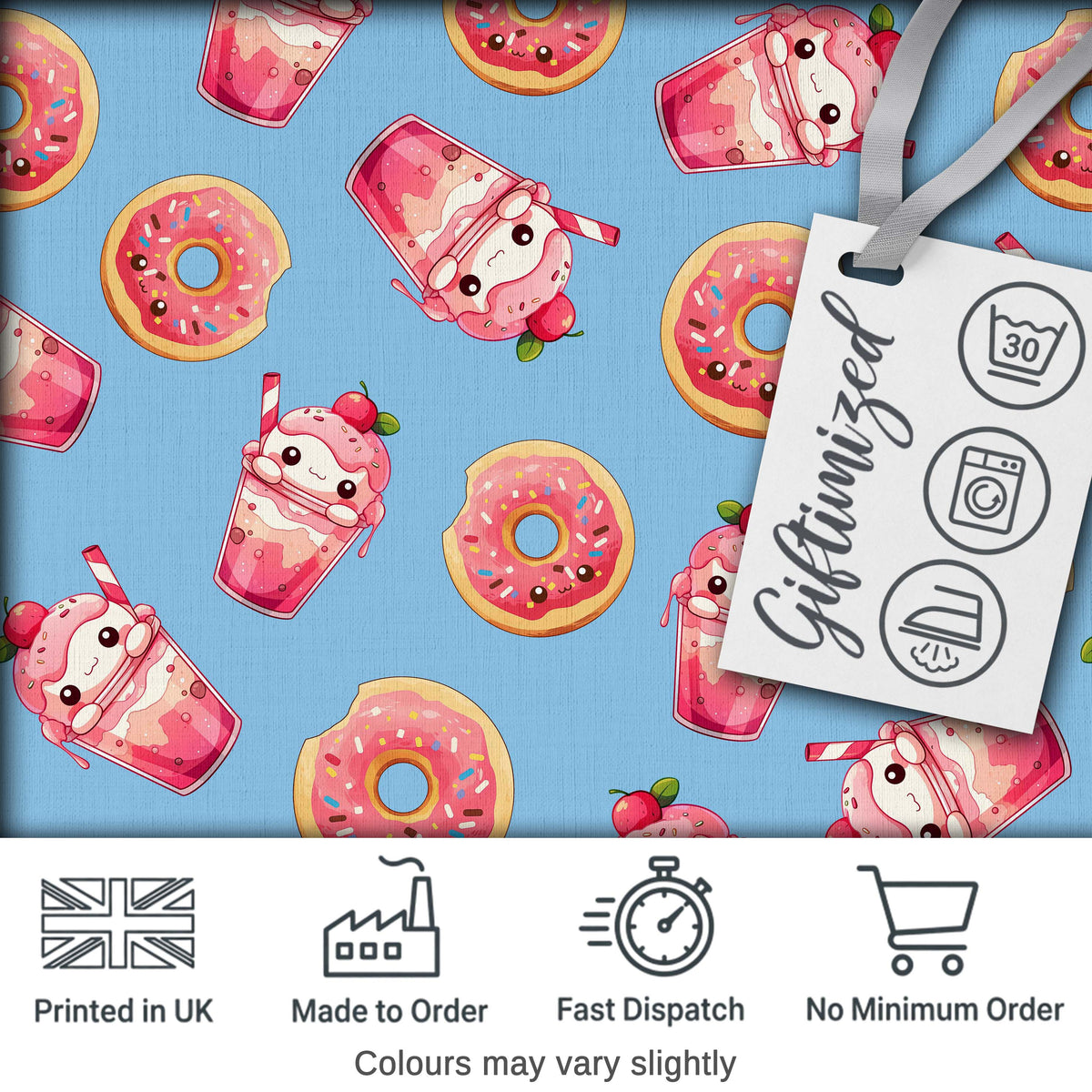 Cute Kawaii Donuts and Strawberry Milkshake Blue Background Seamless Pattern Digital Print Fabric by the Metre UK Sewing