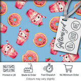 Cute Kawaii Donuts and Strawberry Milkshake Blue Background Seamless Pattern Digital Print Fabric by the Metre UK Sewing