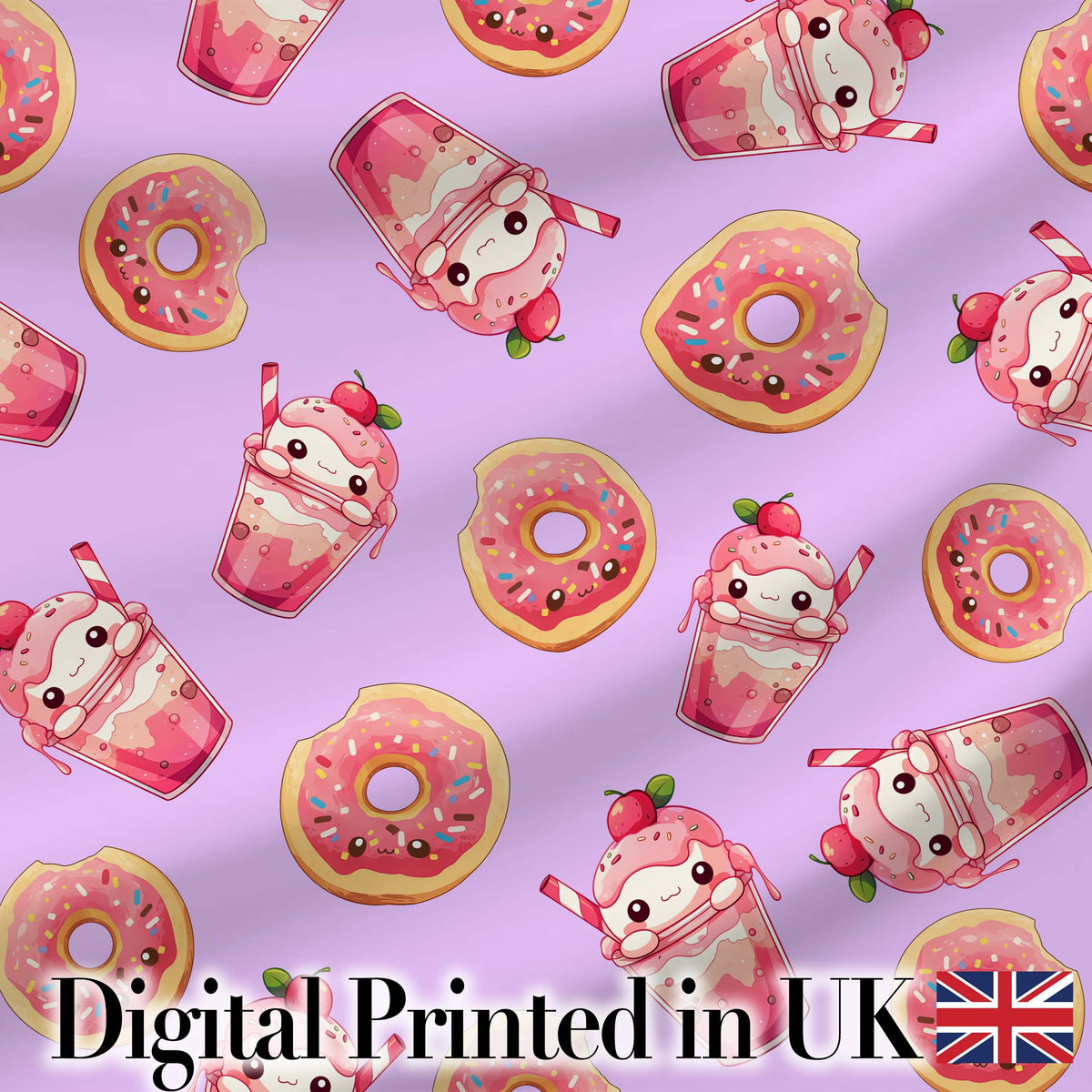 Cute Kawaii Donuts and Strawberry Milkshake Purple Background Seamless Pattern Digital Print Fabric by the Metre UK Sewing