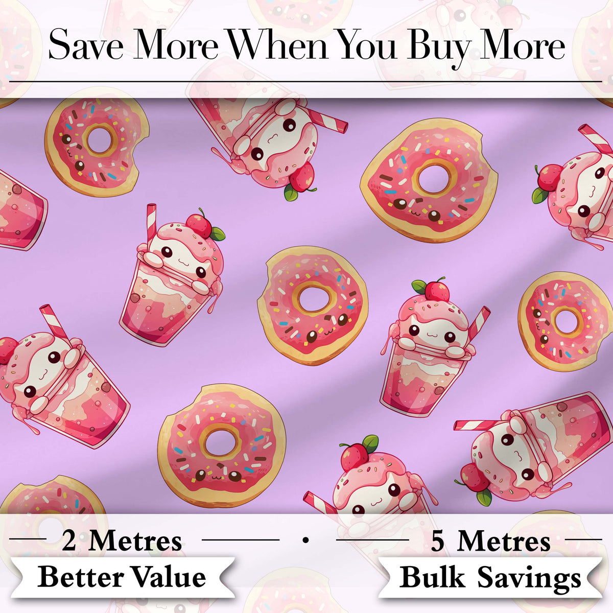 Cute Kawaii Donuts and Strawberry Milkshake Purple Background Seamless Pattern Digital Print Fabric by the Metre UK Sewing
