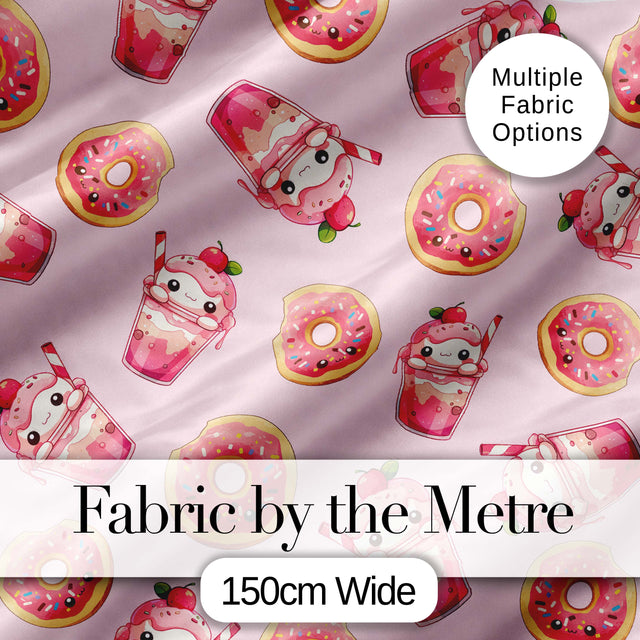 Cute Kawaii Donuts and Strawberry Milkshake Blush Pink Background Seamless Pattern Digital Print Fabric by the Metre UK Sewing