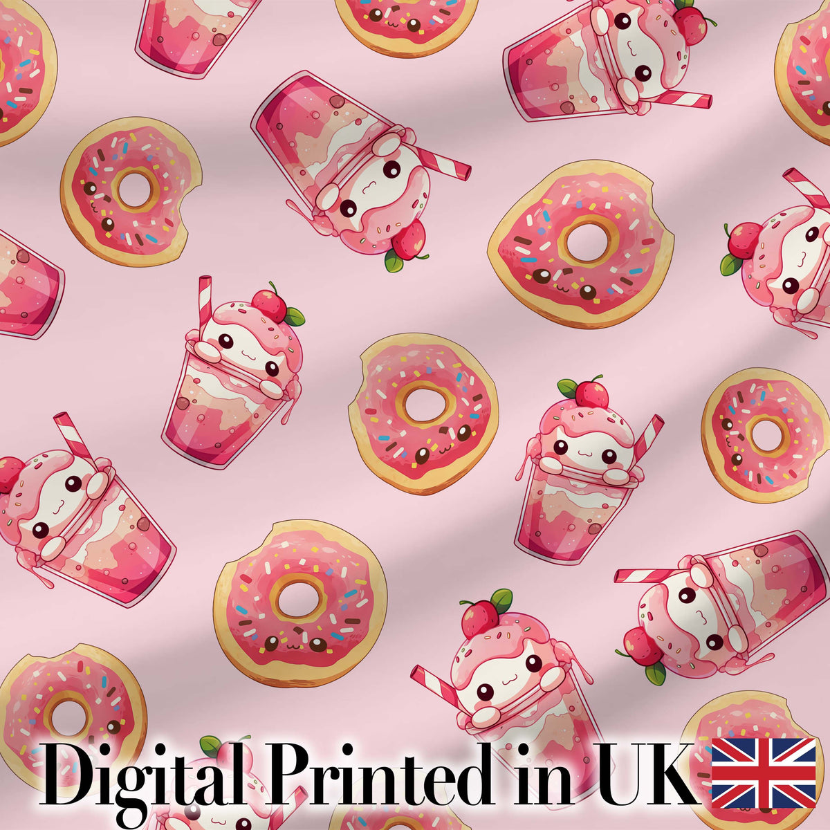 Cute Kawaii Donuts and Strawberry Milkshake Blush Pink Background Seamless Pattern Digital Print Fabric by the Metre UK Sewing