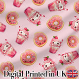 Cute Kawaii Donuts and Strawberry Milkshake Blush Pink Background Seamless Pattern Digital Print Fabric by the Metre UK Sewing