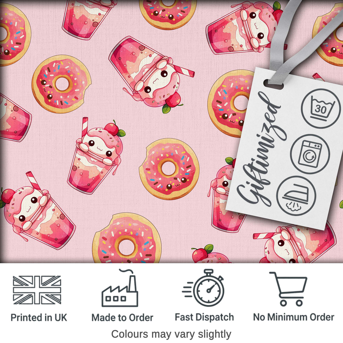 Cute Kawaii Donuts and Strawberry Milkshake Blush Pink Background Seamless Pattern Digital Print Fabric by the Metre UK Sewing