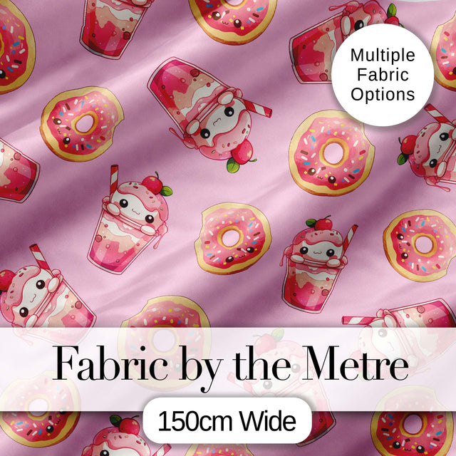 Cute Kawaii Donuts and Strawberry Milkshake Pink Background Seamless Pattern Digital Print Fabric by the Metre UK Sewing