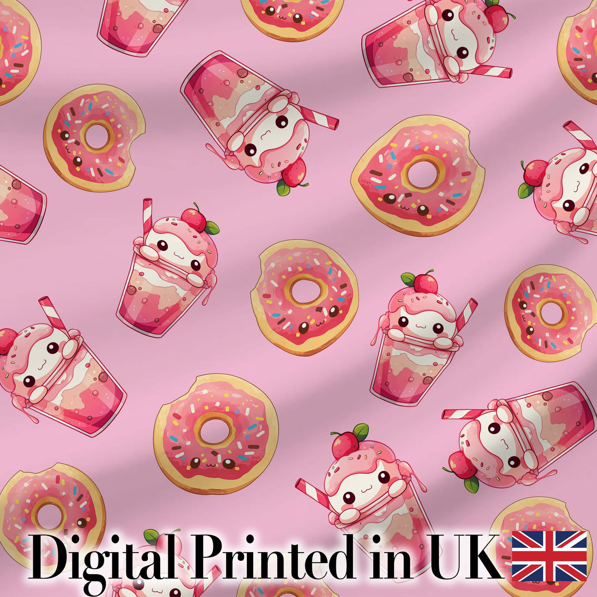 Cute Kawaii Donuts and Strawberry Milkshake Pink Background Seamless Pattern Digital Print Fabric by the Metre UK Sewing