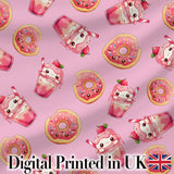 Cute Kawaii Donuts and Strawberry Milkshake Pink Background Seamless Pattern Digital Print Fabric by the Metre UK Sewing