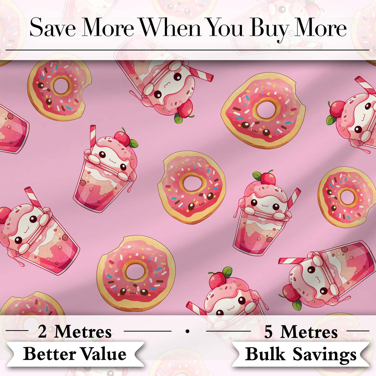 Cute Kawaii Donuts and Strawberry Milkshake Pink Background Seamless Pattern Digital Print Fabric by the Metre UK Sewing